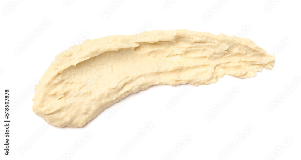 Smear of tasty hummus isolated on white, top view Smear of tasty hummus isolated on white, top view