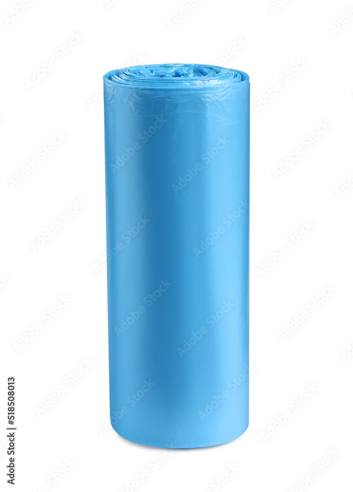 Roll of turquoise garbage bags on white background. Cleaning supplies Roll of turquoise garbage bags on white background. Cleaning supplies