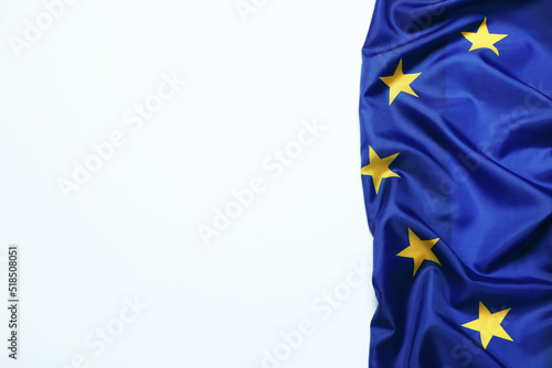 Flag of European Union on white background, top view. Space for text photo