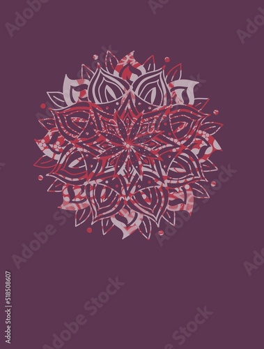 Vertical illustration with copyspace, pink and red mandala on purple background with space for text © dunya8