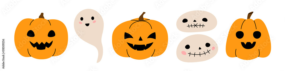 Set of orange pumpkins, ghosts and voodoo doll heads for Halloween. Creepy cartoon characters. Cute funny monsters with different emotions. Vector illustration. Set of orange pumpkins, ghosts and voodoo doll heads for Halloween. Creepy cartoon characters. Cute funny monsters with different emotions. Vector illustration.