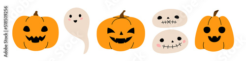 Set of orange pumpkins, ghosts and voodoo doll heads for Halloween. Creepy cartoon characters. Cute funny monsters with different emotions. Vector illustration.