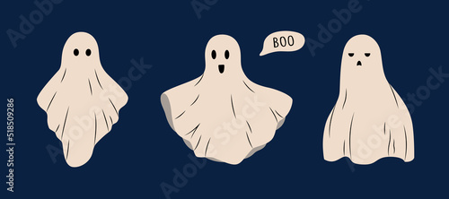 Set of ghosts. Funny ghost monsters on a dark background for Halloween. Flying cloth. Phantoms in different poses and with different emotions. Vector illustration.