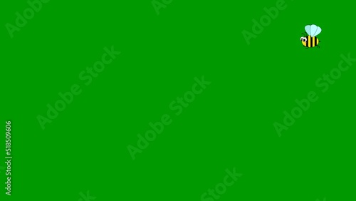 Animated funny bee. The happy bee flies. Looped video. Flat vector illustration isolated on a green background.