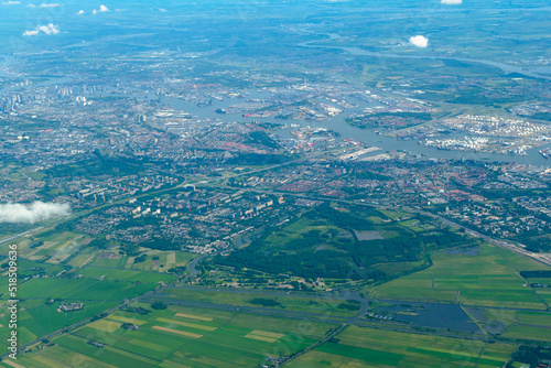 Canvas Print Aerial view of town and farm agriculture from airplane