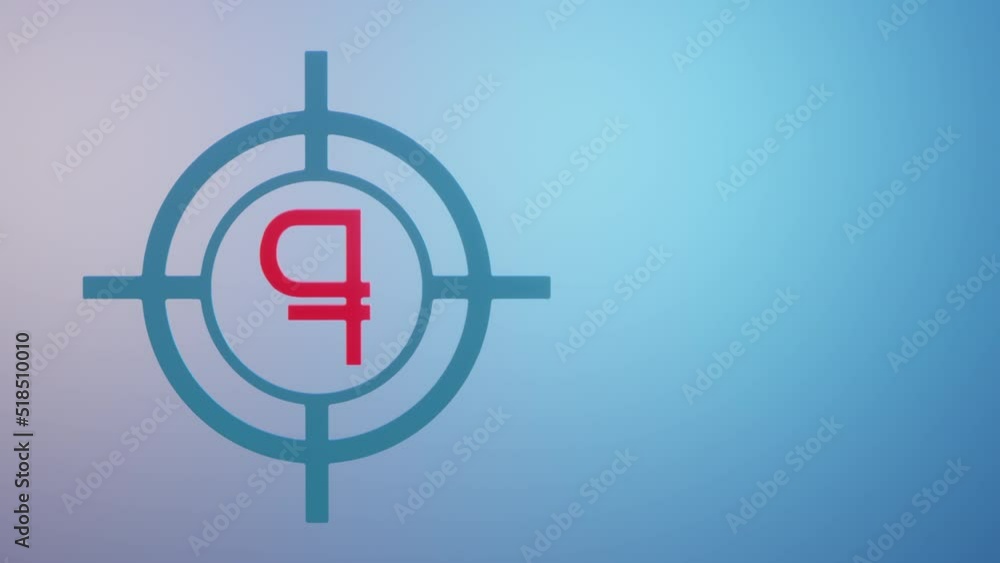 Looped 3D animation. Sign of Russian ruble rotates in center of target for defeat. Concept of economic sanctions against Russian currency. Empty space to insert on right. Looped 3D animation. Sign of Russian ruble rotates in center of target for defeat. Concept of economic sanctions against Russian currency. Empty space to insert on right.