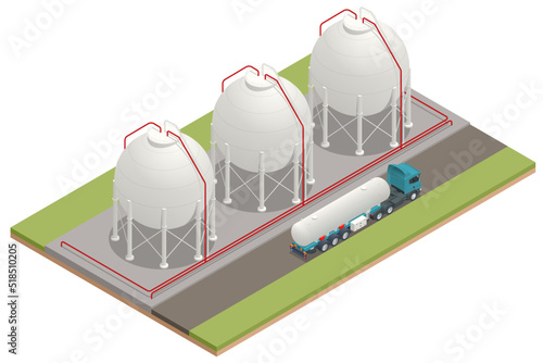 Isometric Gas storage tanks. White spherical propane tanks. Containing fuel gas pipeline.