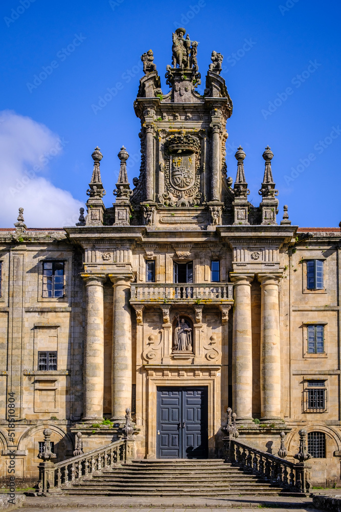 Facade of the monastery and church of San Martinho Pinario in Santiago de Compostela in Galicia (Spain)