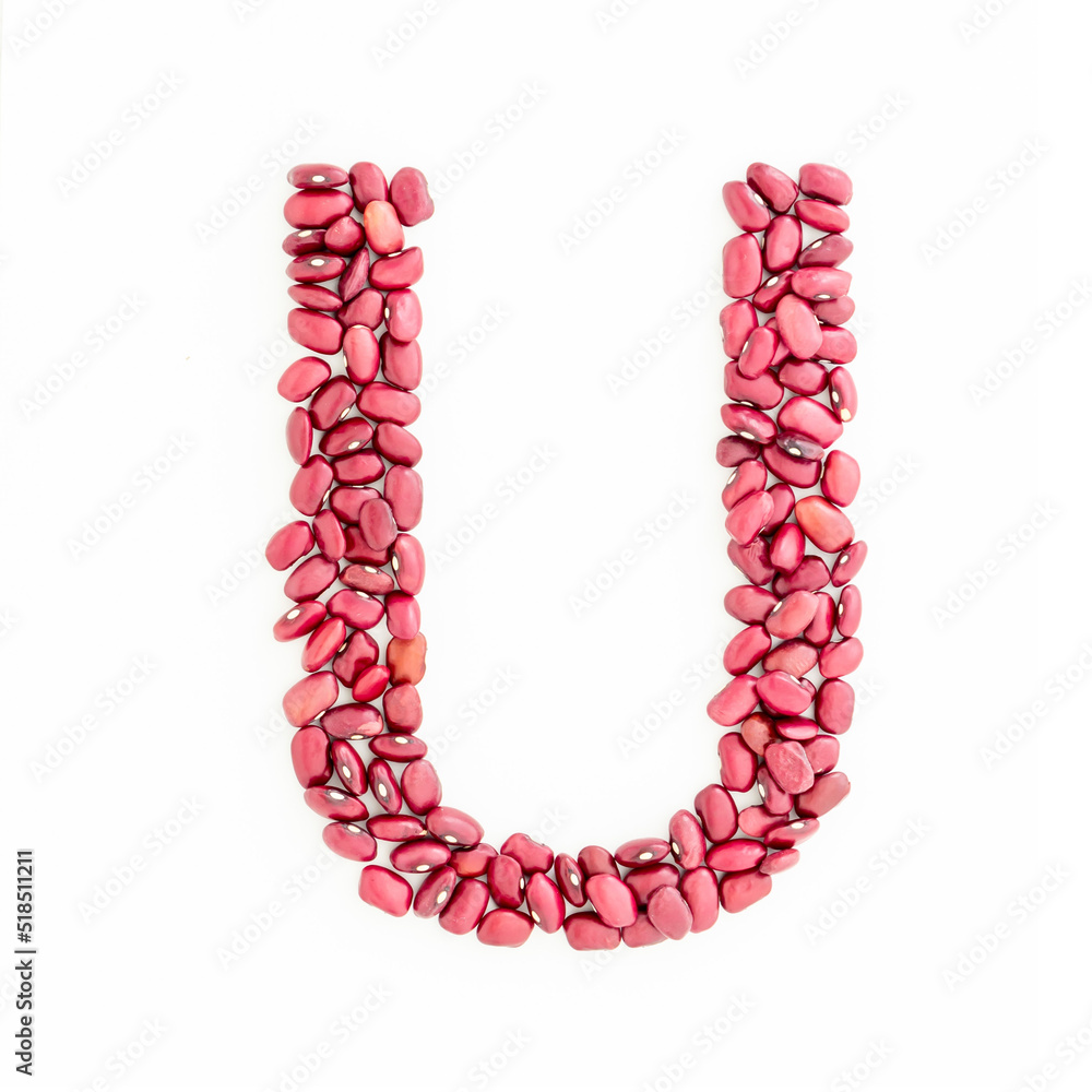 Capital letter U from red kidney beans. Beans font. White background. Bright font for menu or food blog. Lettering design element. Initial cap Capital letter U from red kidney beans. Beans font. White background. Bright font for menu or food blog. Lettering design element. Initial cap