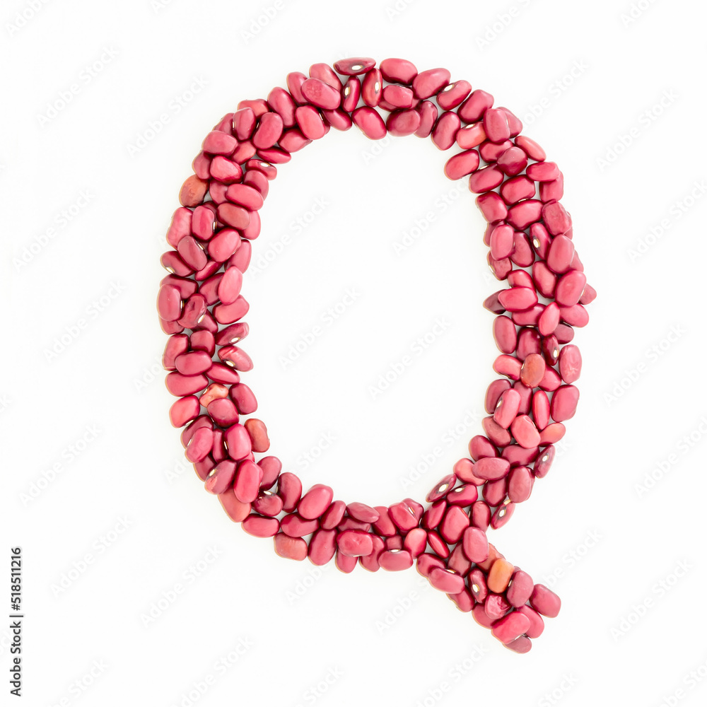 Capital letter Q from red kidney beans. Beans font. White background. Bright font for menu or food blog. Lettering design element. Initial cap Capital letter Q from red kidney beans. Beans font. White background. Bright font for menu or food blog. Lettering design element. Initial cap