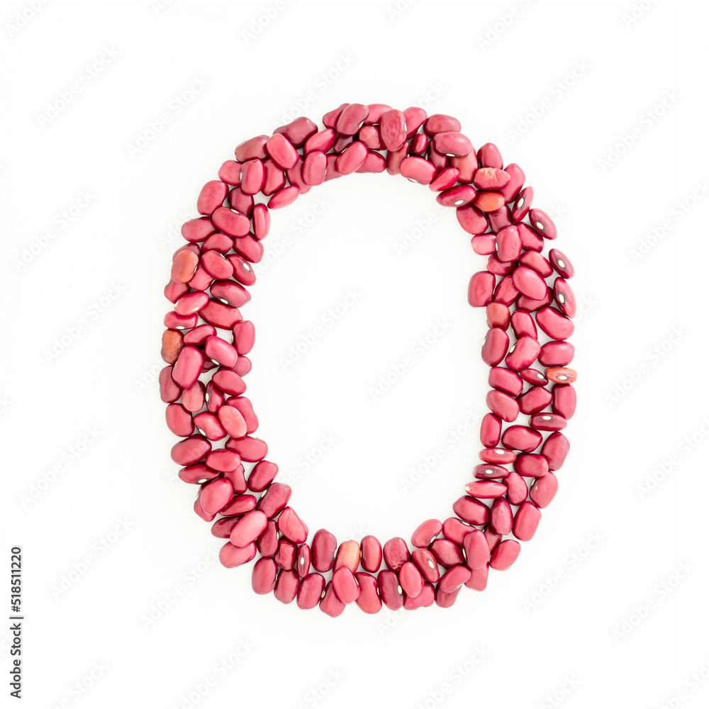 Capital letter O from red kidney beans. Beans font. White background. Bright font for menu or food blog. Lettering design element. Initial cap