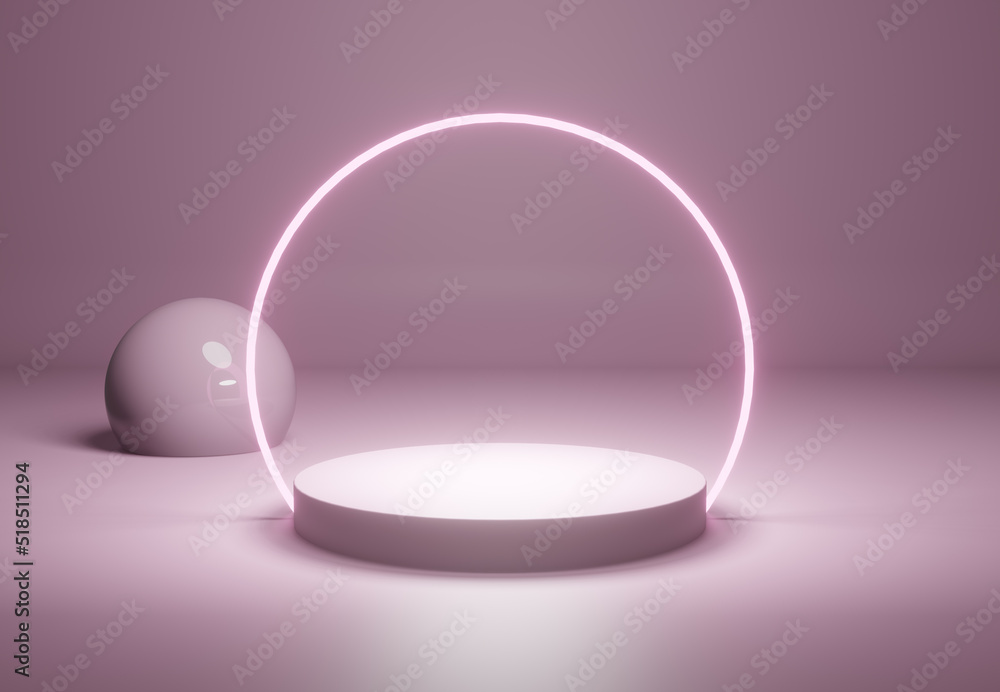 Illuminated pedestal with decoration in pink, mock up template concept, 3d rendering