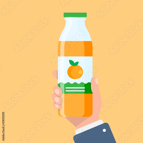 Orange juice in hand icon in flat style. Fruit beverage vector illustration on isolated background. Citrus drink sign business concept.