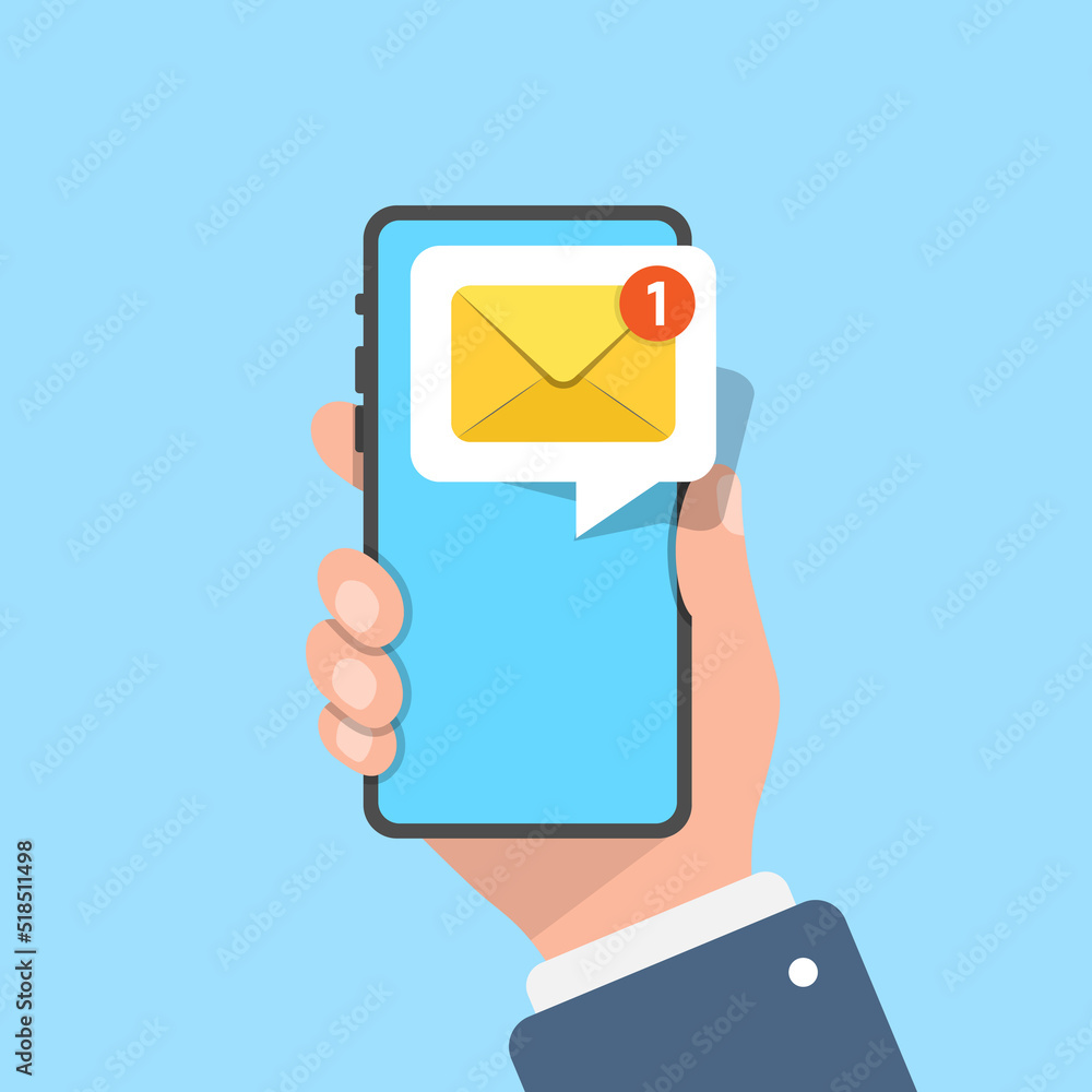 Hand holding smartphone icon in flat style. Incoming message vector illustration on isolated background. Email notification sign business concept. Hand holding smartphone icon in flat style. Incoming message vector illustration on isolated background. Email notification sign business concept.
