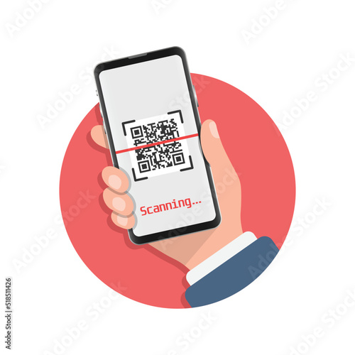 QR code scan illustration in flat style. Mobile phone scanning vector illustration on isolated background. Barcode reader in hand sign business concept.