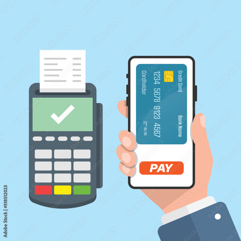 Mobile payment in hand illustration in flat style. Online shopping vector illustration on isolated background. NFC pay sign business concept. Mobile payment in hand illustration in flat style. Online shopping vector illustration on isolated background. NFC pay sign business concept.