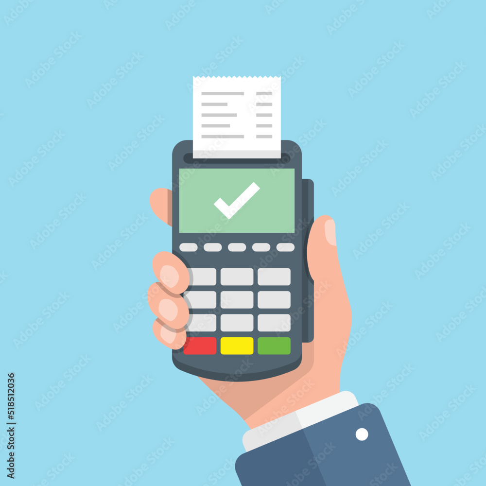 Male hand holding POS payment machine icon in flat style. Online payment vector illustration on isolated background. Banking transaction sign business concept. Male hand holding POS payment machine icon in flat style. Online payment vector illustration on isolated background. Banking transaction sign business concept.