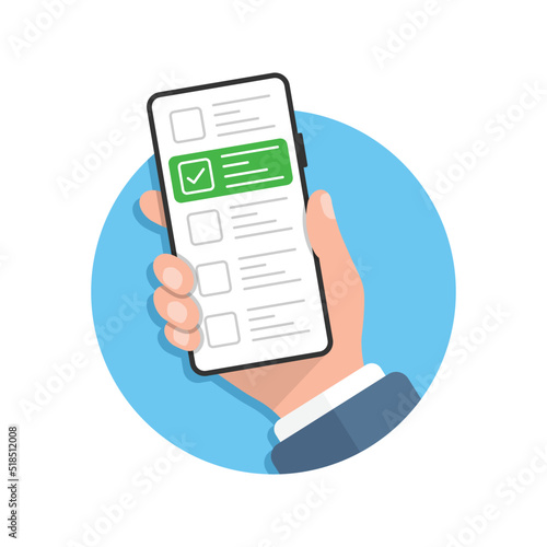 Online form survey in hand illustration in flat style. Mobile questionnaire vector illustration on isolated background. Checklist on phone screen sign business concept.