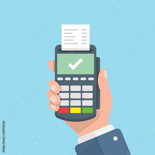 Male hand holding POS payment machine icon in flat style. Online payment vector illustration on isolated background. Banking transaction sign business concept.