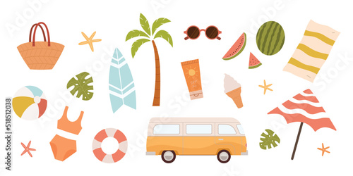 Collection of hand drawn summer elements:bag,starfish,palm tree,sunglasses,watermelon,ball,lifebuoy,bikini,bus,blanket,umbrella,surfboard,sunscreen.Colored vector illustration in cartoon flat style.