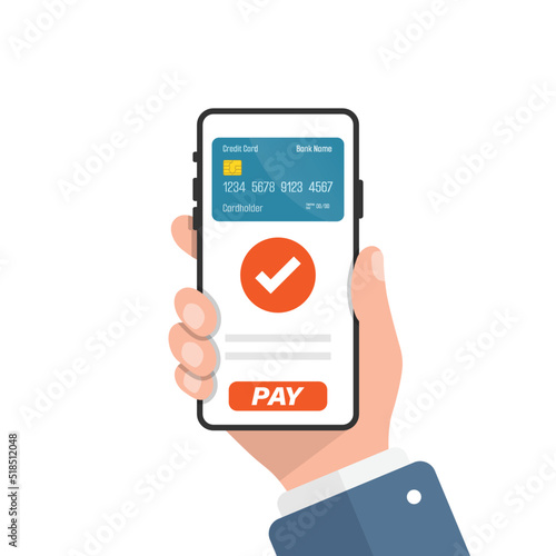 Mobile payment in hand illustration in flat style. Online shopping vector illustration on isolated background. NFC pay sign business concept.