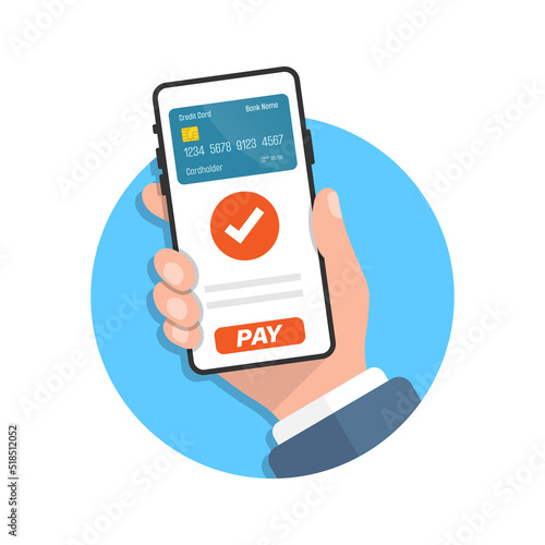 Mobile payment in hand illustration in flat style. Online shopping vector illustration on isolated background. NFC pay sign business concept.