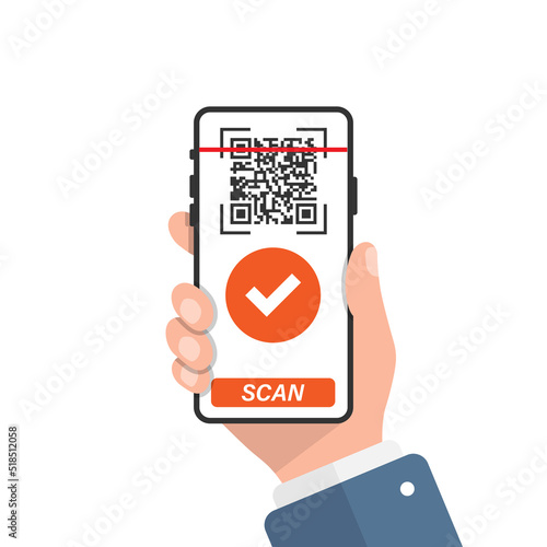QR code scan illustration in flat style. Mobile phone scanning vector illustration on isolated background. Barcode reader in hand sign business concept.