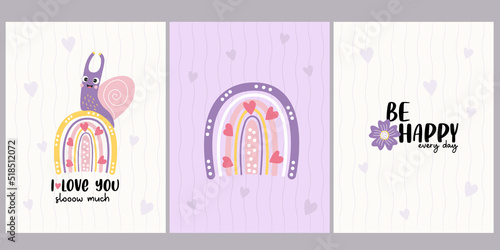 Postcard set with cute happy snail and decorative rainbow with positive slogans - I love you slooow much and Be happy every day. Vector illustration. Cool postcards for greeting cards, design, decor.