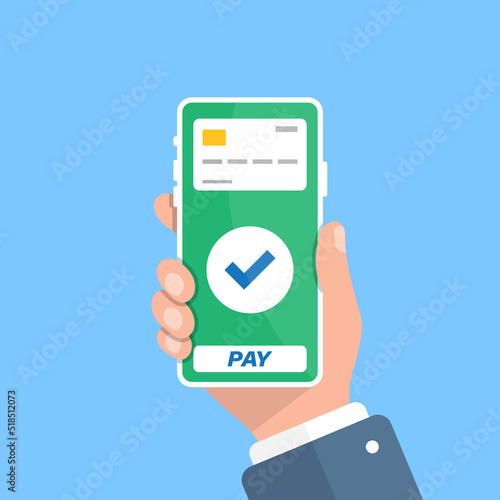 Mobile payment in hand illustration in flat style. Online shopping vector illustration on isolated background. NFC pay sign business concept.