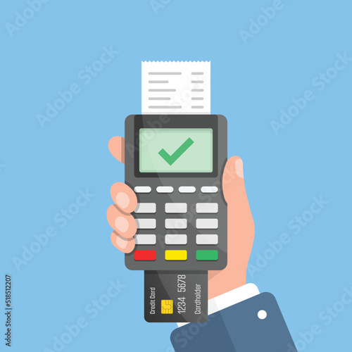 Male hand holding POS payment machine icon in flat style. Online payment vector illustration on isolated background. Banking transaction sign business concept.