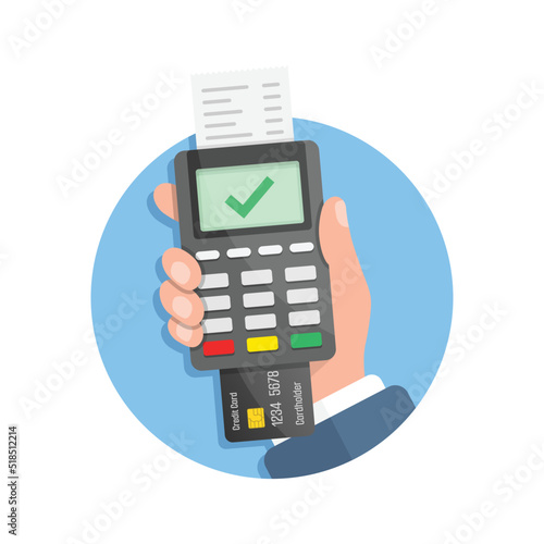 Male hand holding POS payment machine icon in flat style. Online payment vector illustration on isolated background. Banking transaction sign business concept.