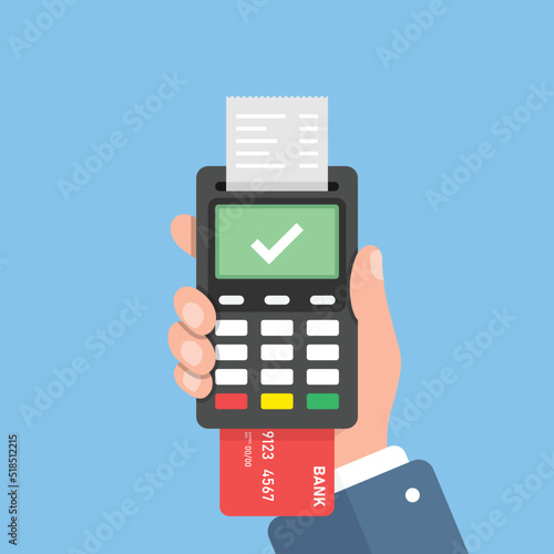 Male hand holding POS payment machine icon in flat style. Online payment vector illustration on isolated background. Banking transaction sign business concept.