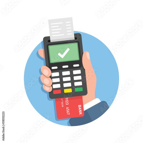 Male hand holding POS payment machine icon in flat style. Online payment vector illustration on isolated background. Banking transaction sign business concept.