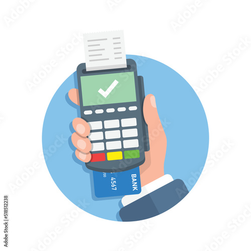 Male hand holding POS payment machine icon in flat style. Online payment vector illustration on isolated background. Banking transaction sign business concept.