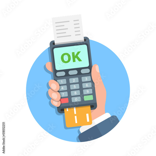 Male hand holding POS payment machine icon in flat style. Online payment vector illustration on isolated background. Banking transaction sign business concept.