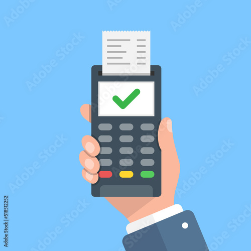 Male hand holding POS payment machine icon in flat style. Online payment vector illustration on isolated background. Banking transaction sign business concept.