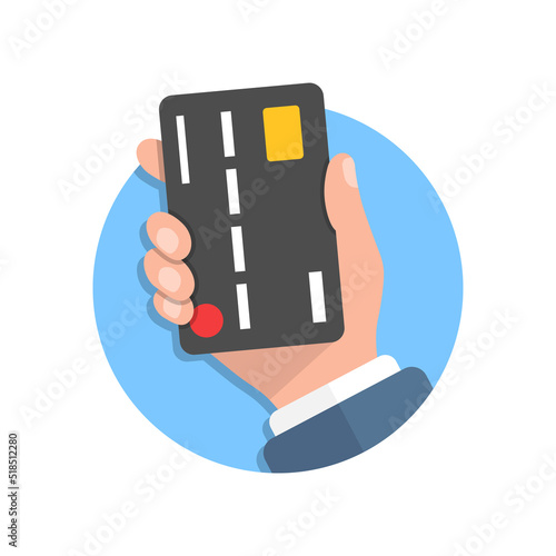 Credit card in hand illustration in flat style. Online payment vector illustration on isolated background. Banking sign business concept.