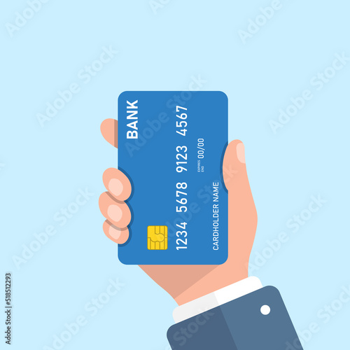 Credit card in hand illustration in flat style. Online payment vector illustration on isolated background. Banking sign business concept.