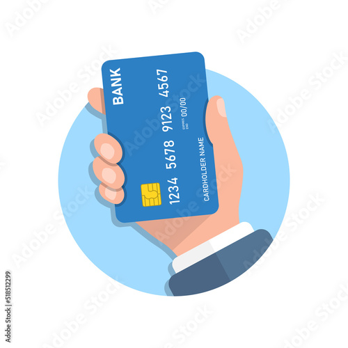 Credit card in hand illustration in flat style. Online payment vector illustration on isolated background. Banking sign business concept.