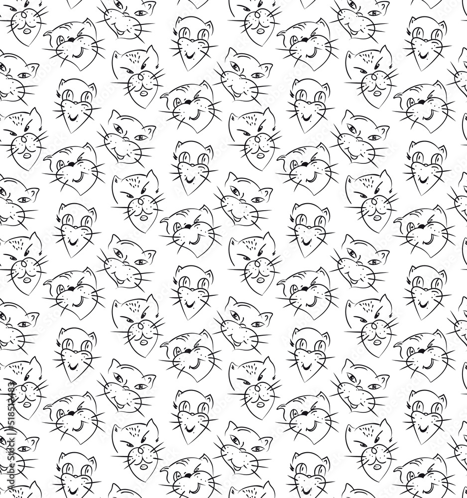Cat faces seamless pattern. Hand drawn paint brush doodle stroks, childish images of home pet characters. Cartoon naive cute style. Black, white monochrome line art. Transparent background. Vector