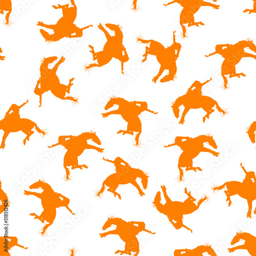 Patrón de jinete montando un caballo salvaje en tono naranja sobre fondo blanco