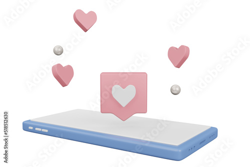 3D smartphone White screen  with heart bolloon  , mobile phone 3d render illustration photo