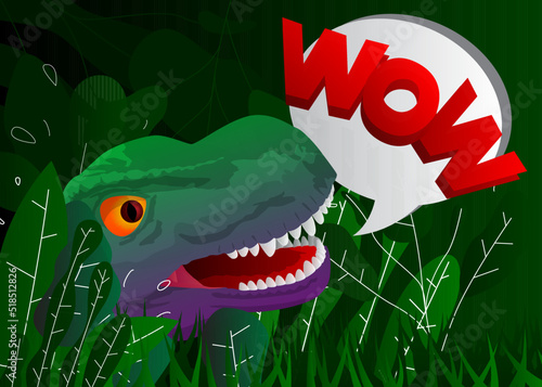 Dinosaur with speech bubble saying Wow word. Tyrannosaurus Rex with thoughts.