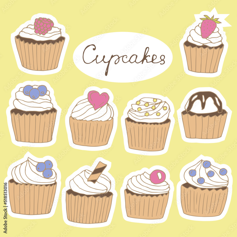 Cupcakes stickers set vector illustration, hand drawing doodles Cupcakes stickers set vector illustration, hand drawing doodles