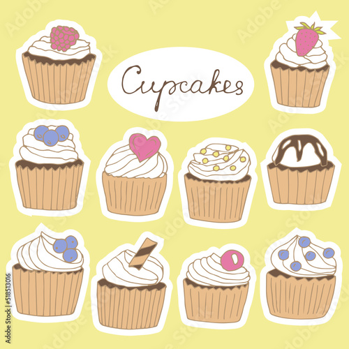 Cupcakes stickers set vector illustration  hand drawing doodles