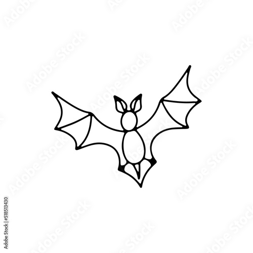 Flying bat silhouette. Hand drawn line art Halloween illustration. Isolated on white