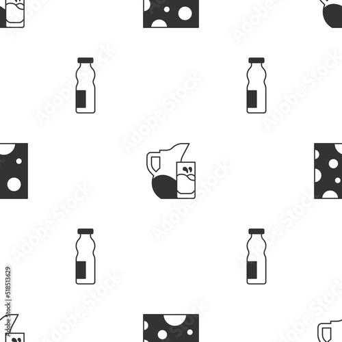 Set Cheese, Milk jug or pitcher and glass and Drinking yogurt in bottle on seamless pattern. Vector