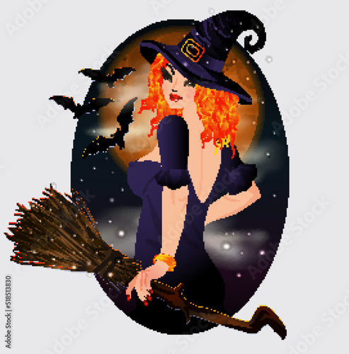 Halloween red hair witch with broom, vector illustration