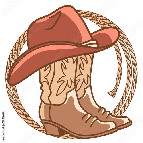 Cowboy paper background for text. Vector western illustration with cowboy boots and hat and lasso on wood texture.