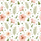 Watercolor seamless pattern, tropical leaves and flowers.